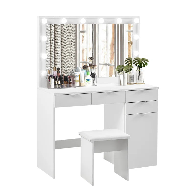 Modern White Dressing Table with Mirror & LED Lights | Elegant Vanity Set for Bedroom by Timberland Home Furniture