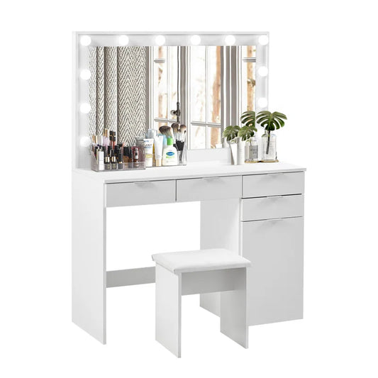 Modern White Dressing Table with Mirror & LED Lights | Elegant Vanity Set for Bedroom by Timberland Home Furniture