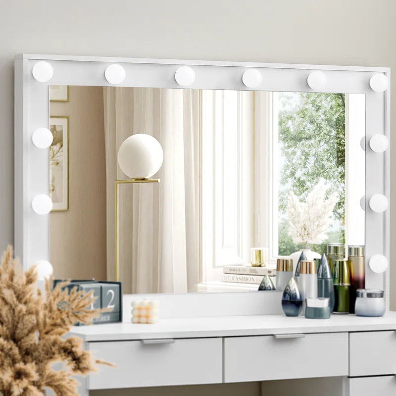 Modern White Dressing Table with Mirror & LED Lights | Elegant Vanity Set for Bedroom by Timberland Home Furniture