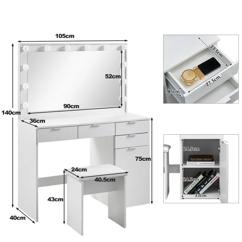 Modern White Dressing Table with Mirror & LED Lights | Elegant Vanity Set for Bedroom by Timberland Home Furniture