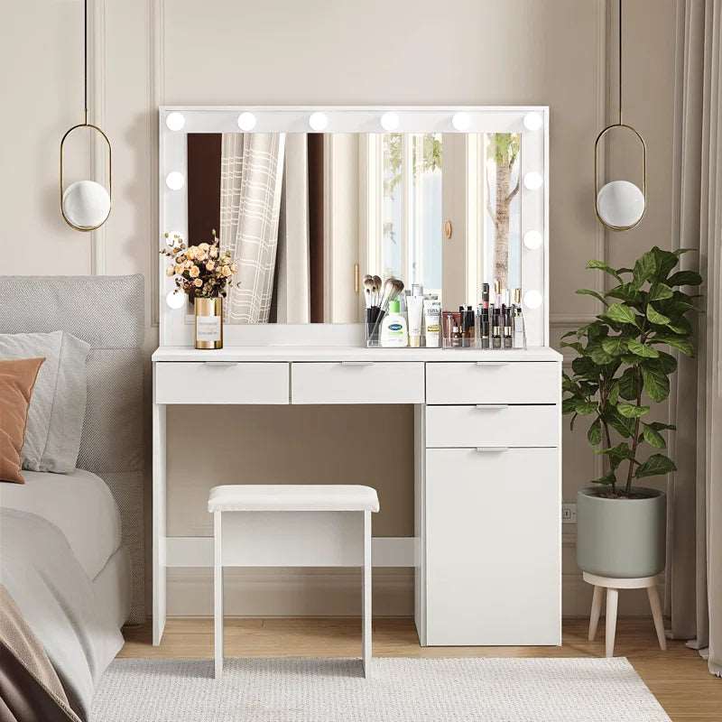 Modern White Dressing Table with Mirror & LED Lights | Elegant Vanity Set for Bedroom by Timberland Home Furniture