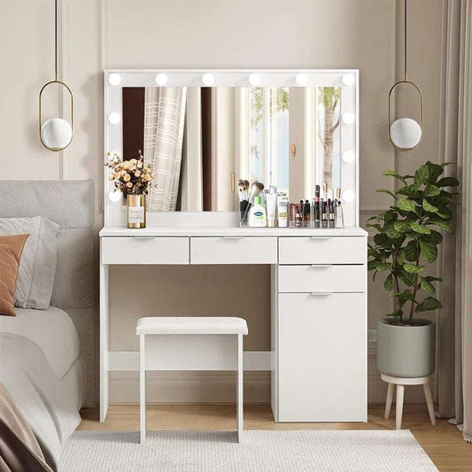 Modern White Dressing Table with Mirror & LED Lights | Elegant Vanity Set for Bedroom by Timberland Home Furniture